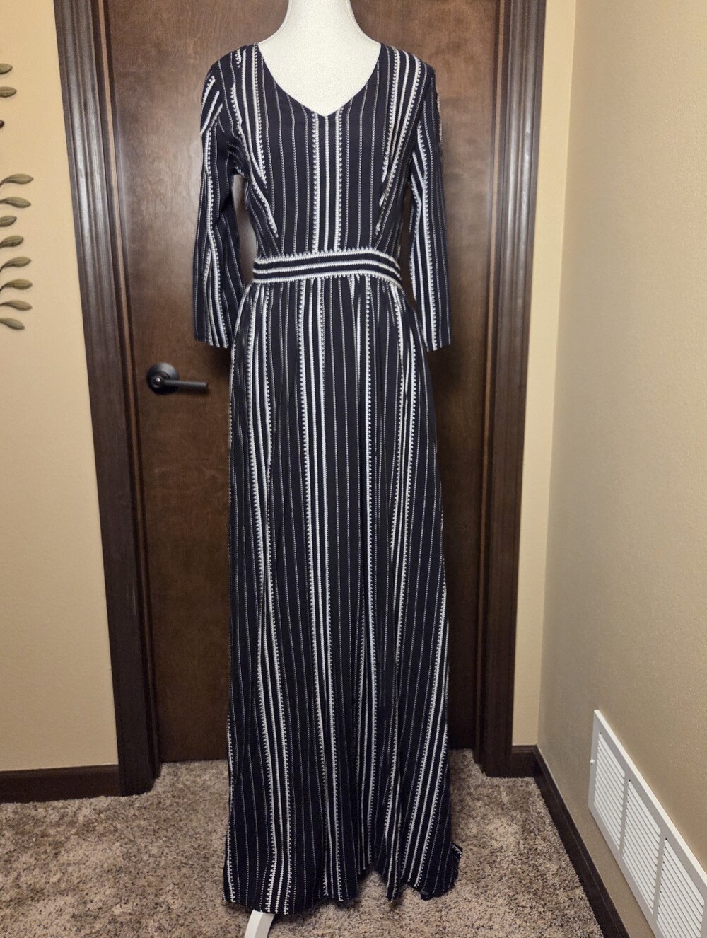 Black & White Striped V-Neck Maxi Dress NWT